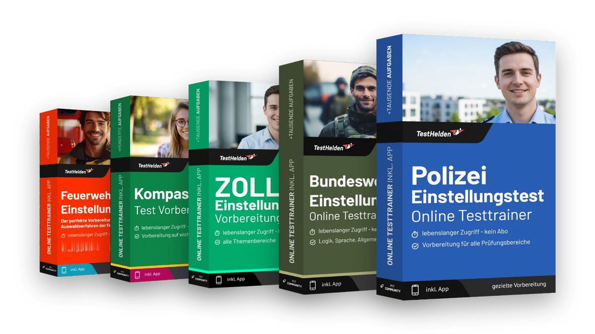 Produktboxen der TestHelden-Testtrainer für Polizei, Bundeswehr, Zoll, Kompass 4, Feuerwehr und mehr