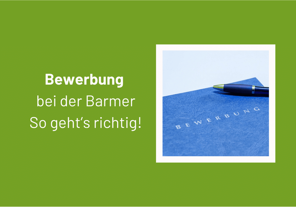 Blaue Bewerbungsmappe mit Kugelschreiber und dem Schriftzug Bewerbung bei der Barmer