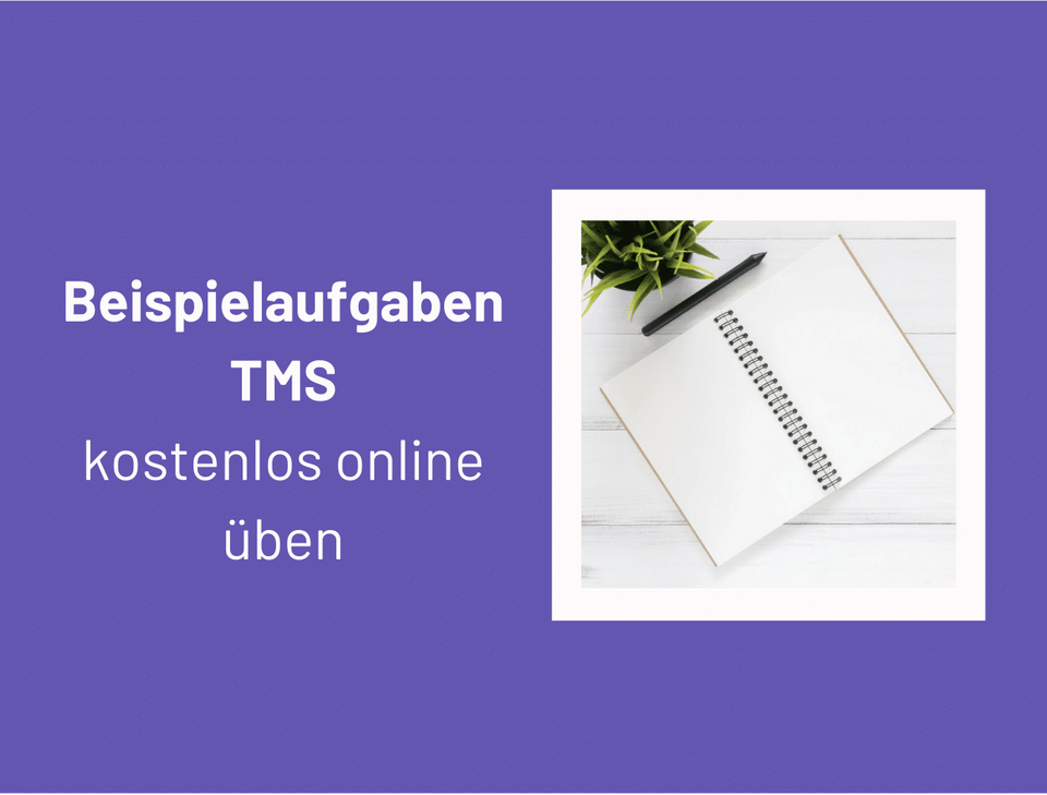 Schriftzug zu kostenlosen TMS-Beispielaufgaben neben einem leeren Notizblock mit Stift