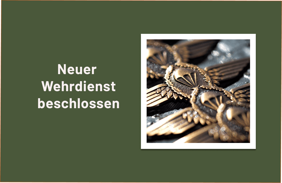 Schriftzug Neuer Wehrdienst beschlossen neben militärischen Abzeichen auf grünem Grund