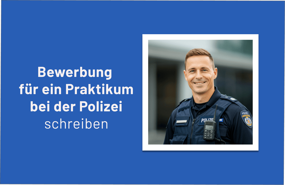 Lächelnder Polizist in Uniform neben dem Schriftzug Bewerbung für ein Praktikum bei der Polizei schreiben