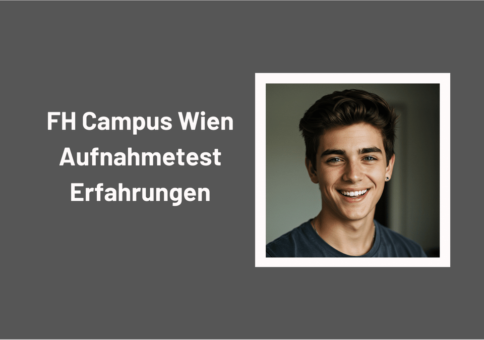 Porträt eines lächelnden jungen Mannes neben dem Schriftzug FH Campus Wien Aufnahmetest Erfahrungen