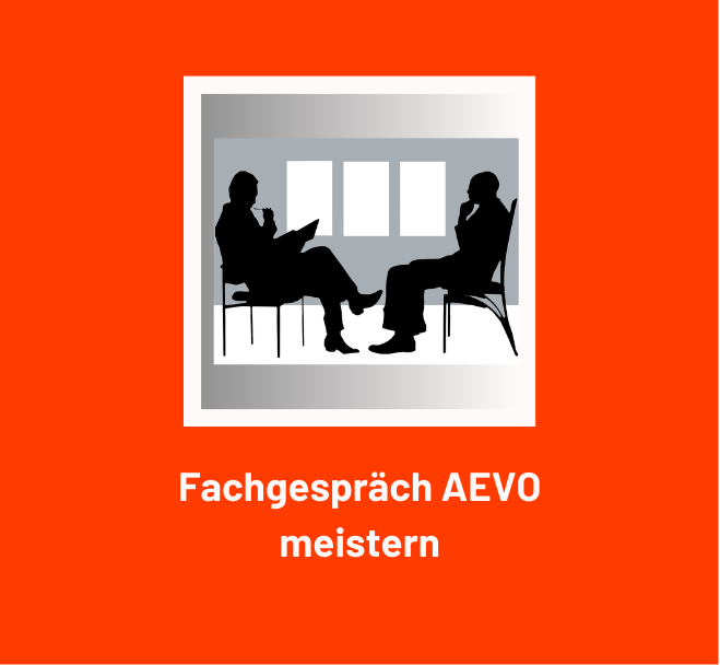 Zwei Personen im Gespräch als Silhouette mit dem Schriftzug Fachgespräch AEVO meistern