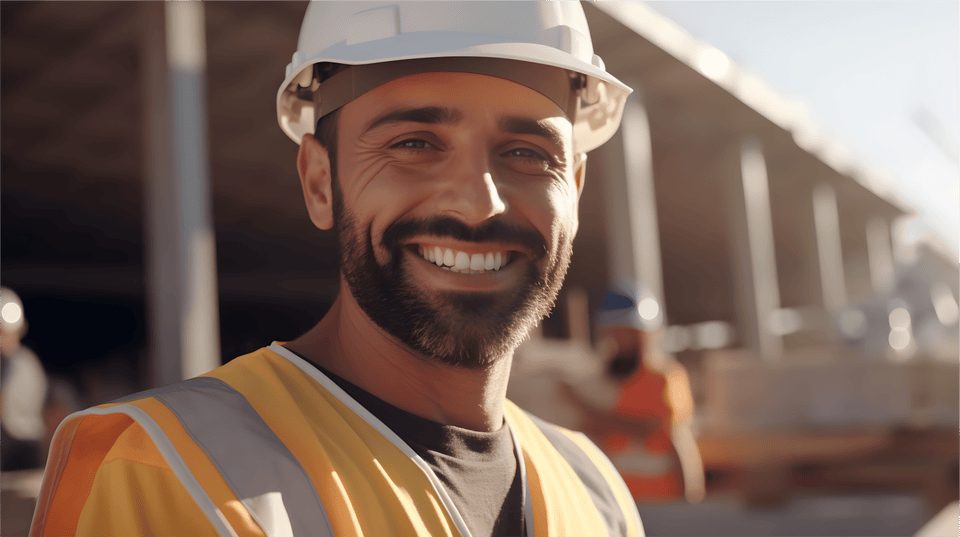 Lächelnder Handwerker mit weißem Schutzhelm und Warnweste auf einer Baustelle