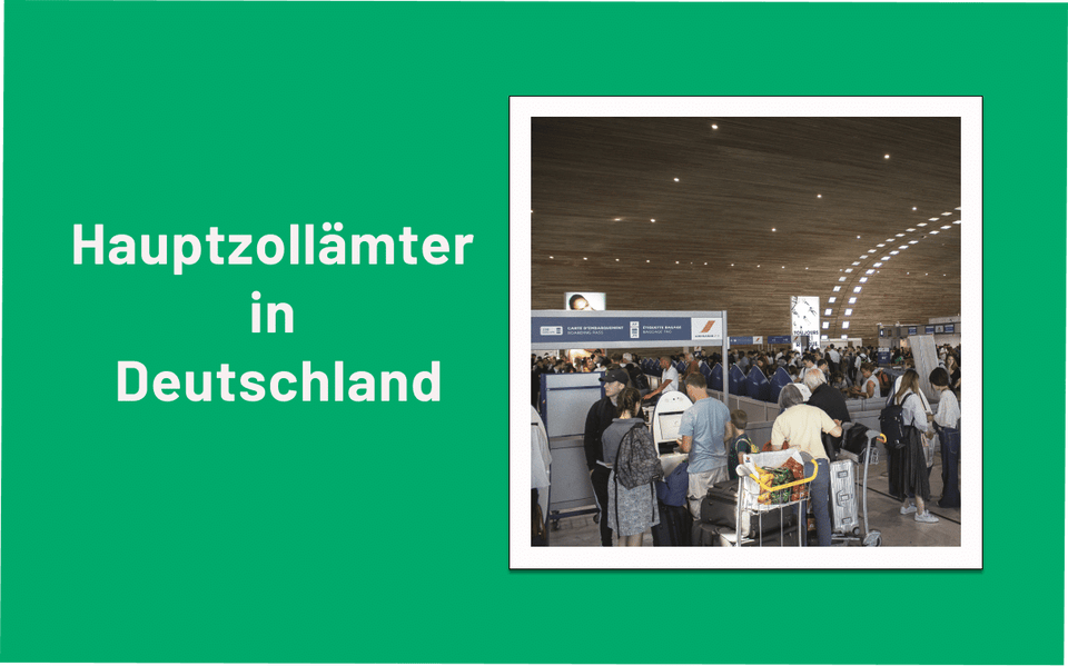 Schriftzug Hauptzollämter in Deutschland neben einer Zollkontrolle am Flughafen