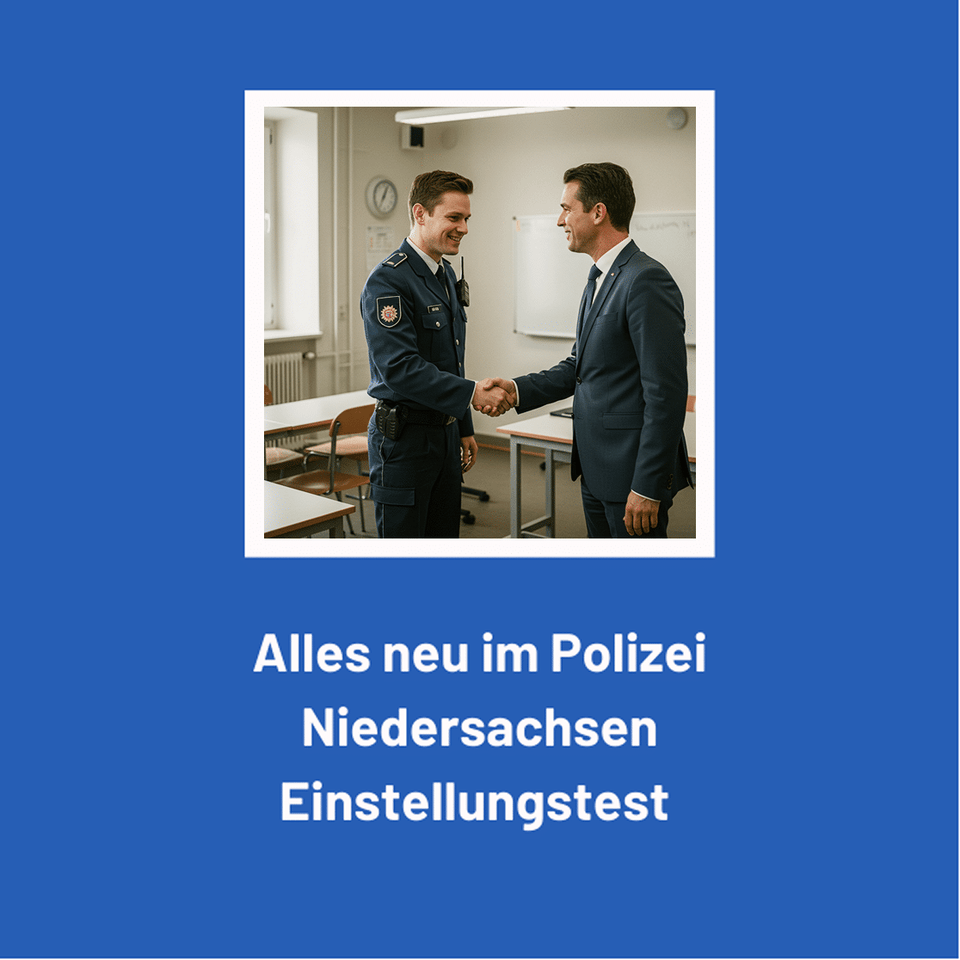 Polizist und Mann im Anzug beim Händeschütteln mit dem Text Alles neu im Polizei Niedersachsen Einstellungstest