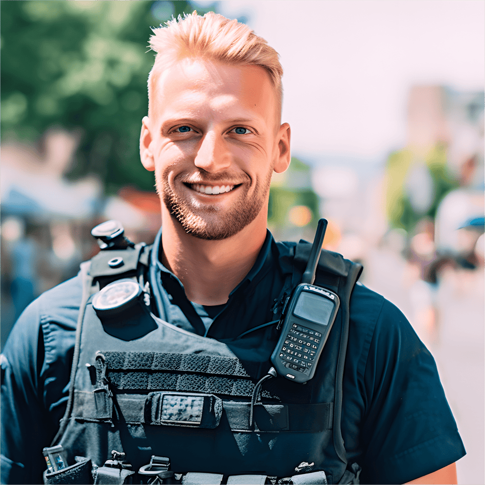 Lächelnder Sicherheitsmitarbeiter in Uniform mit Schutzweste und Funkgerät
