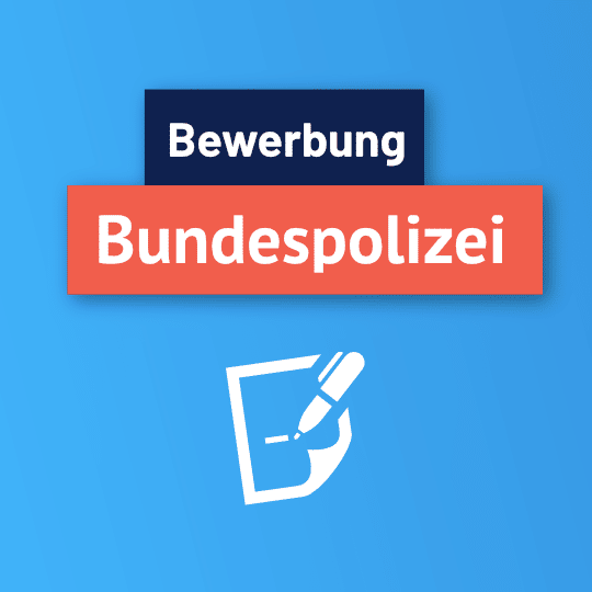 Schriftzug Bewerbung Bundespolizei mit einem Dokumenten-Icon auf blauem Grund