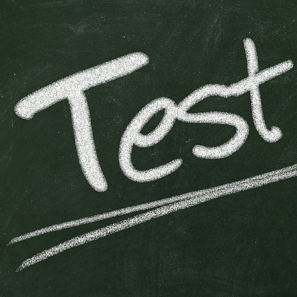 Das Wort Test mit weißer Kreide auf eine grüne Schultafel geschrieben