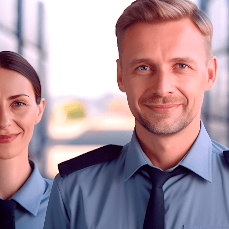 Zwei lächelnde Zollbeamte in Uniform als Symbolbild für den Zoll-Einstellungstest