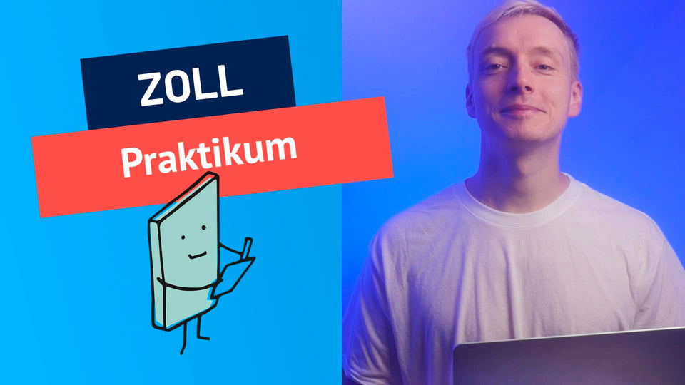 Junger Mann mit Laptop neben der Aufschrift Zoll Praktikum und einer kleinen Comicfigur