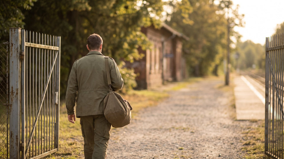 Soldat mit Reisetasche auf dem Weg in den Urlaub