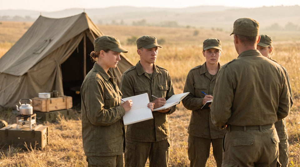 Rekruten hören einem Ausbilder zu, militärische Ausbildung