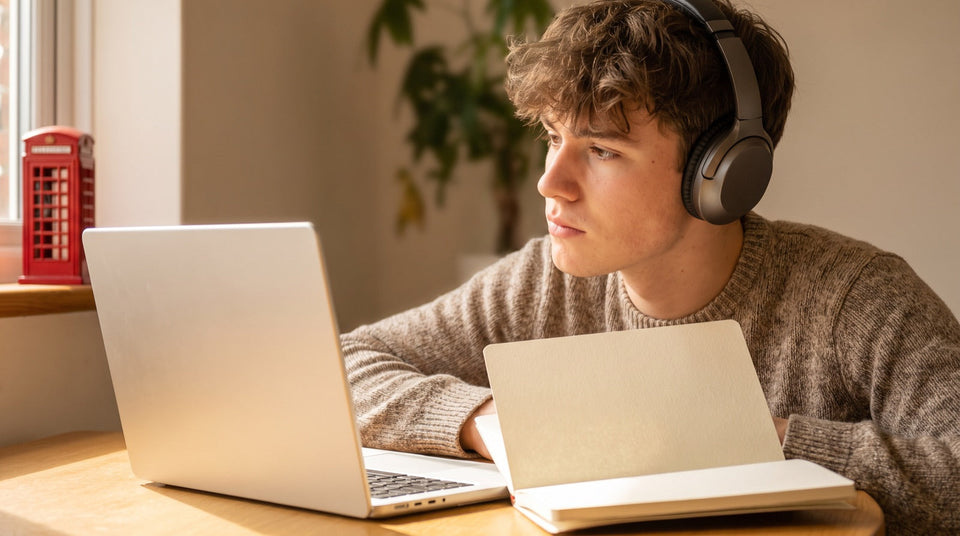 Junger Mann mit Kopfhörern am Laptop, Englisch im CAT-Test