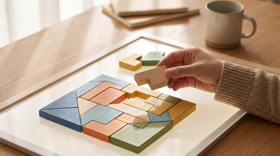 Geometrische Puzzleteile im Raster, Logikaufgaben im CAT-Test