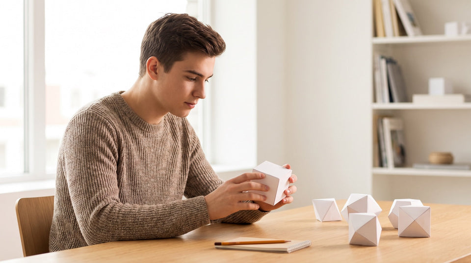 Junger Mann dreht ein Papierwürfel-Modell, räumliches Denken im CAT-Test