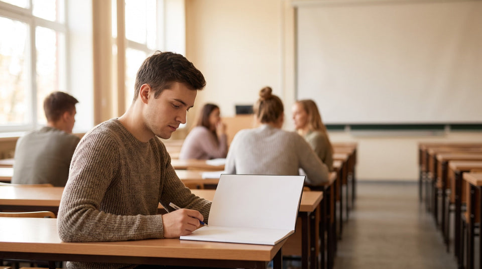 Student im Hörsaal mit Notizbuch, duales Studium bei der Bundeswehr