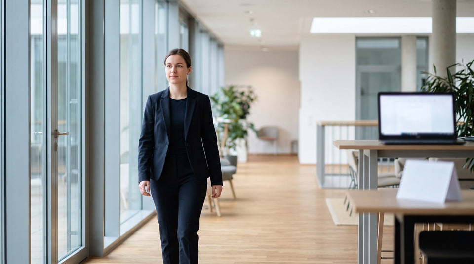 Sicherheitsfachkraft patrouilliert in einem modernen Bürogebäude.