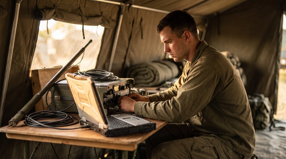 Soldat an Funkgerät und Laptop, Fernmelder und IT bei der Bundeswehr