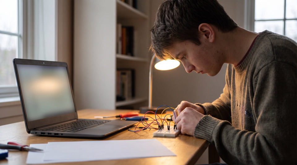 Junger Mann mit Elektronik-Steckbrett bereitet sich auf den Reihungstest der FH Technikum Wien vor