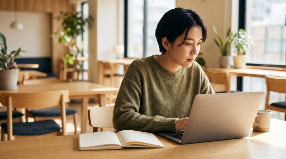 Junge Berufstätige bereitet sich im Co-Working-Space auf den GMAT vor