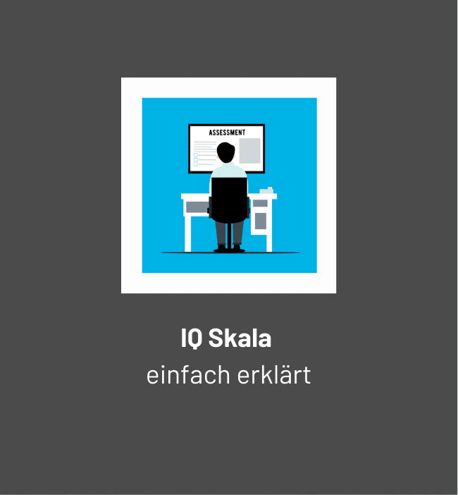 Illustration einer Person am Computer mit dem Text IQ Skala einfach erklärt