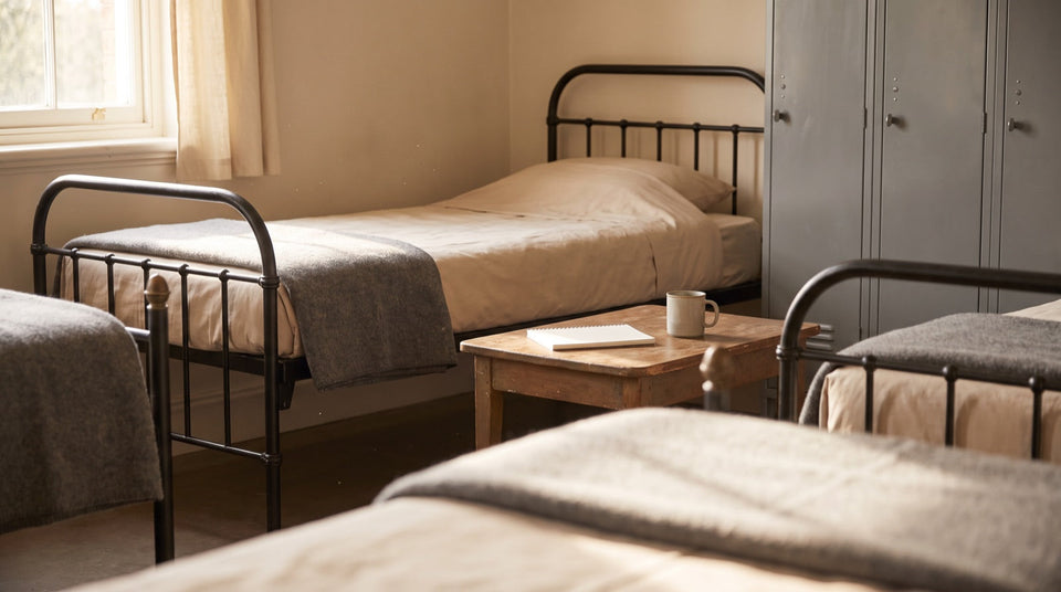 Stube in der Kaserne mit Betten und Spinden
