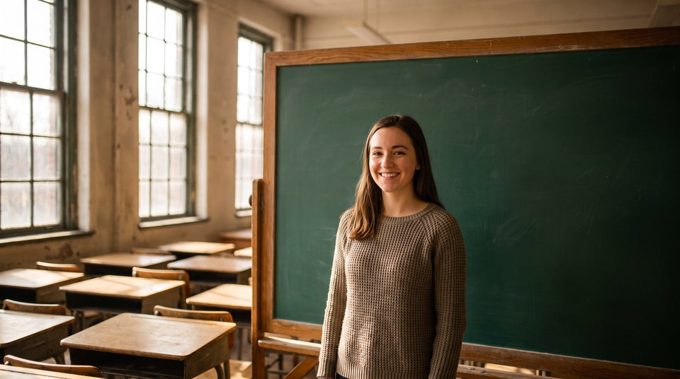 Junge Frau in einem leeren Klassenzimmer, Ziel Lehramtsstudium in Österreich