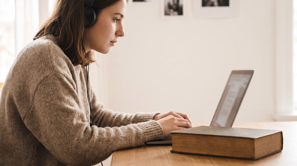 Junge Frau übt am Laptop Rechtschreibung und Grammatik für den Aufnahmetest der Polizei Österreich