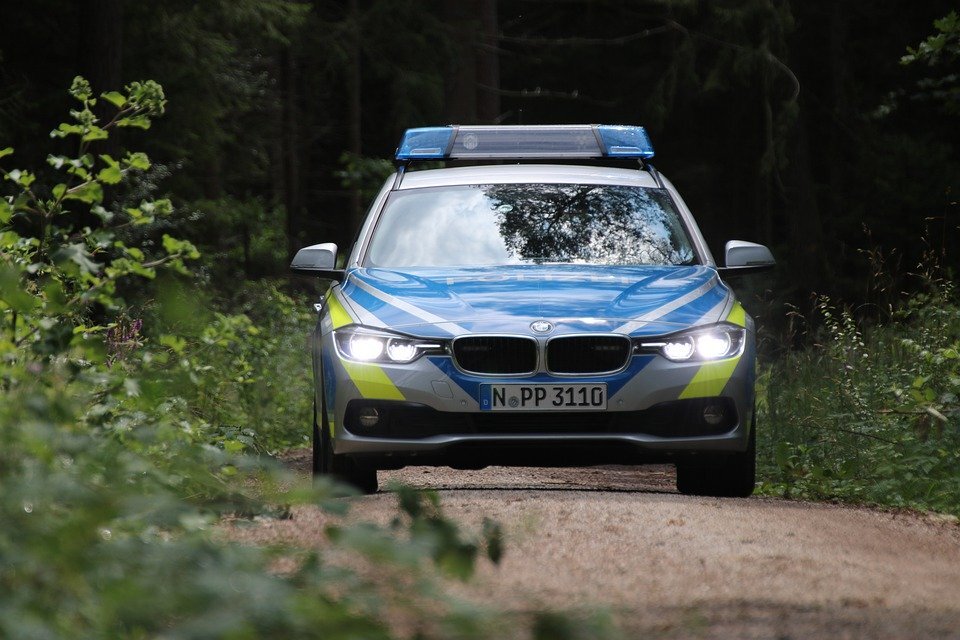 Ein blau-silberner Polizeiwagen mit eingeschaltetem Licht auf einem Waldweg