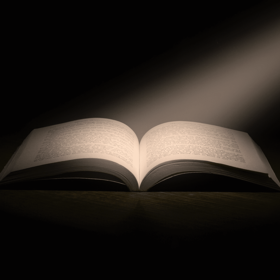 Ein aufgeschlagenes Buch, das im Dunkeln von einem Lichtstrahl beleuchtet wird