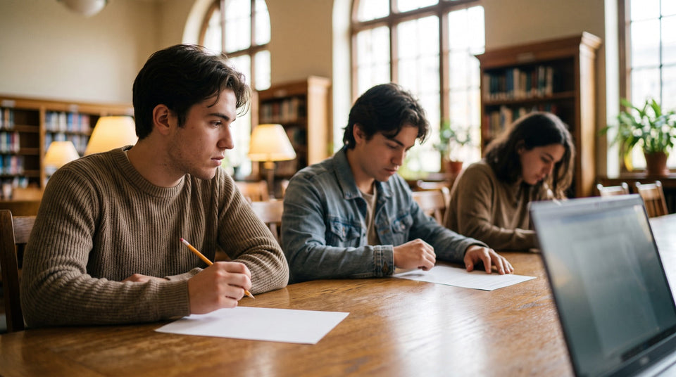 Drei junge Erwachsene bereiten sich in einer Bibliothek konzentriert auf einen Studierfähigkeitstest vor