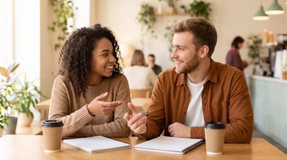 Zwei Studierende üben gemeinsam das Sprechen für die Prüfung telc Deutsch C1 Hochschule
