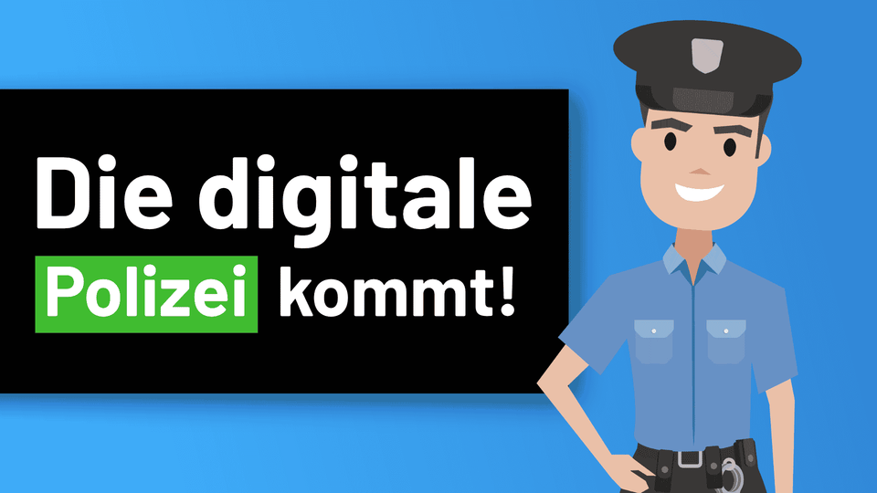Illustrierter Polizist neben dem Schriftzug Die digitale Polizei kommt
