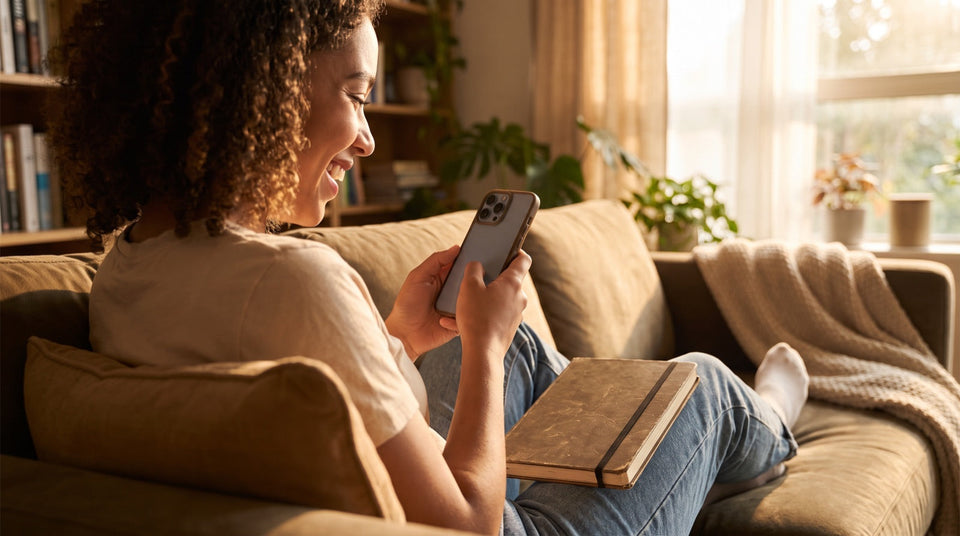 Junge Frau freut sich über ihr Testergebnis auf dem Smartphone