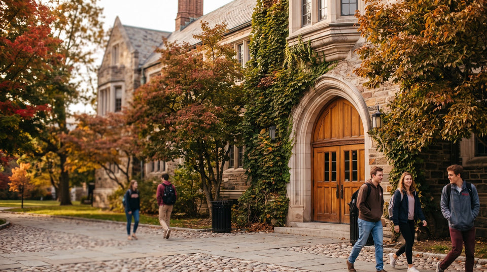 Universitätsgebäude im Herbst mit Studierenden, Zulassung Medizinstudium