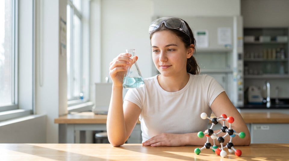 Junge Frau im Labor mit Kolben und Molekülmodell, Naturwissenschaften für den TMSnat