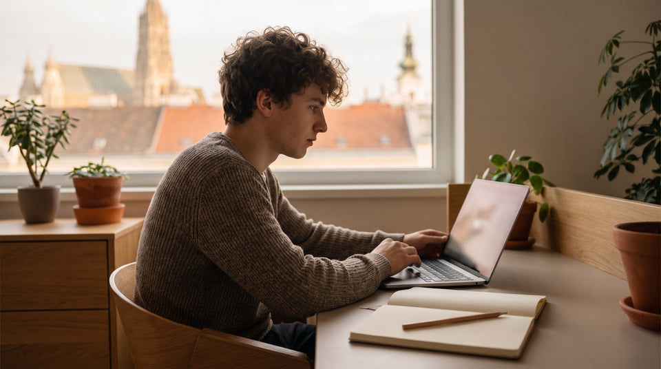 Junger Mann bereitet sich am Laptop auf den Informatik-Aufnahmetest der TU Wien vor
