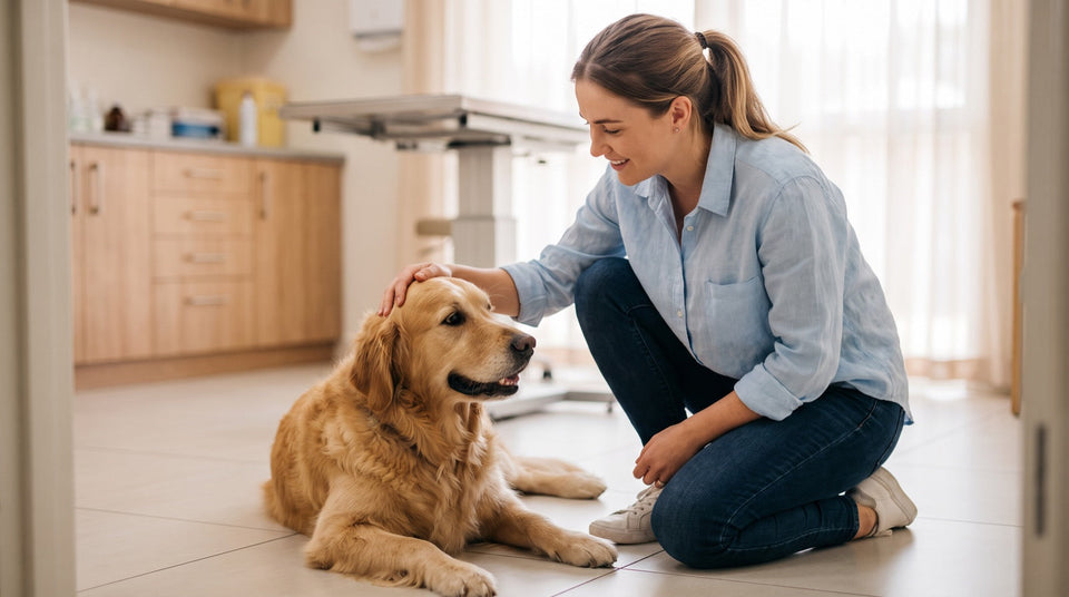Junge Frau mit Hund in einer Tierarztpraxis, Berufswunsch Veterinärmedizin