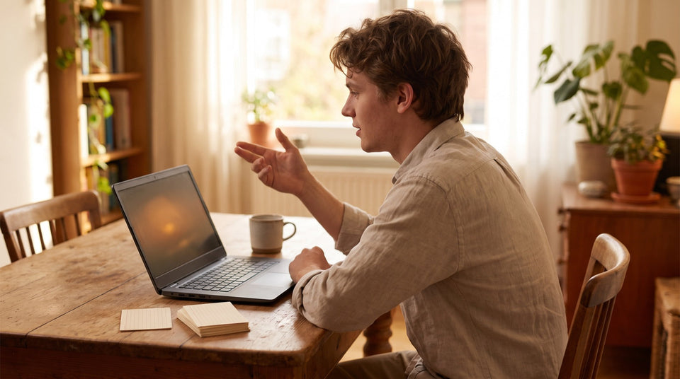 Junger Mann übt zu Hause am Laptop eine Präsentation für das Online-Assessment im WHU Auswahlverfahren