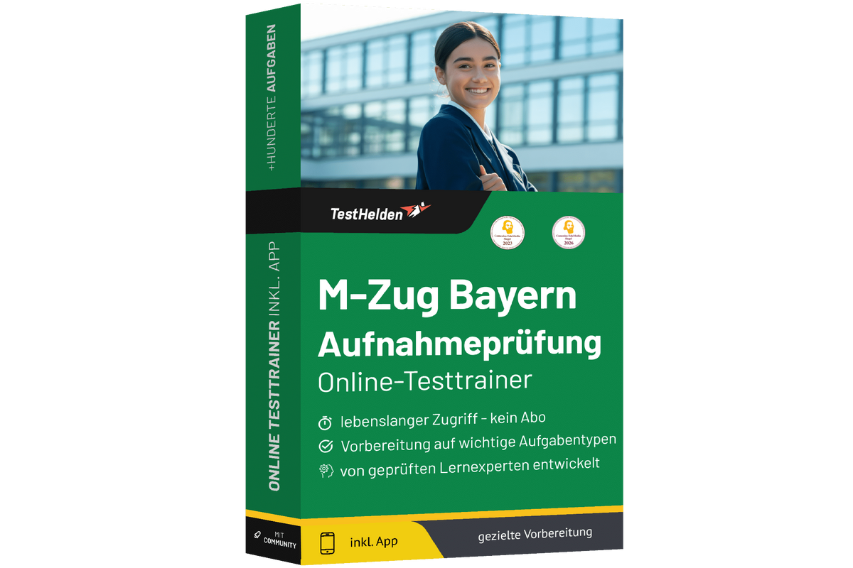 Produktbox Aufnahmeprüfung M-Zug Bayern Übungsaufgaben (8. Klasse / M8) – Online Testtrainer