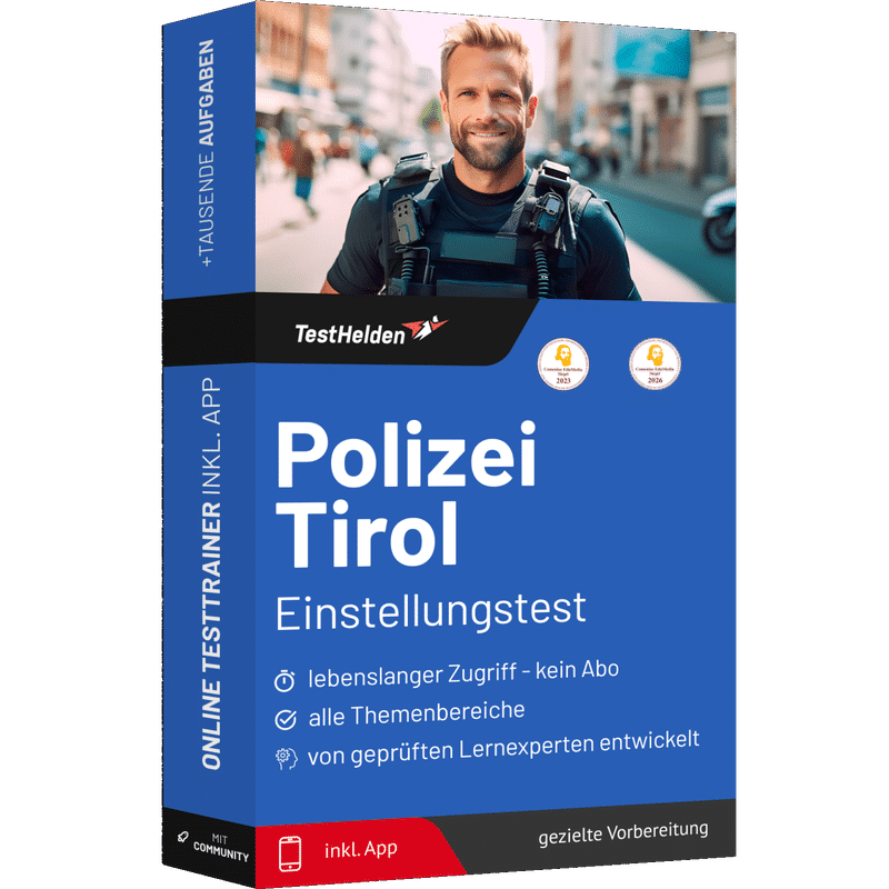 Produktbox Polizei Tirol Aufnahmetest üben 2026 – Online-Testtrainer