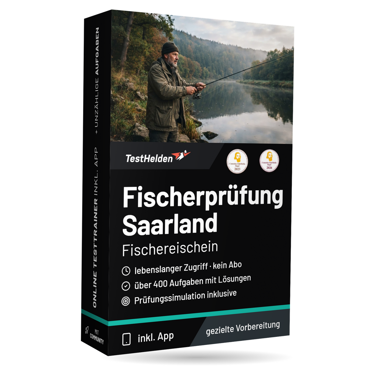 Fischereischein Saarland: Fischerprüfung 2026 üben: Online-Testtrainer, Produktbox von TestHelden