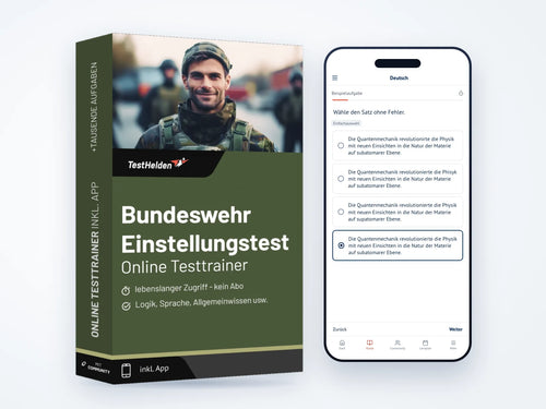 Produktbox Bundeswehr Einstellungstest Online-Testtrainer neben einem Smartphone mit der Kursseite „Bundeswehr Einstellungstest“