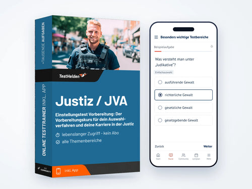 Produktbox „Justiz / JVA“ des Online-Testtrainers neben einem Smartphone mit der Beispielaufgabe „Was versteht man unter ‚Judikative‘?“