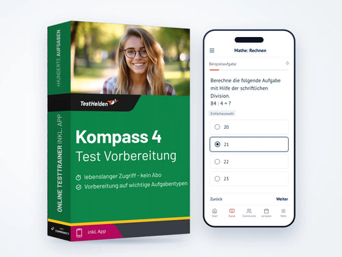 Produktbox Kompass 4 Online-Trainer neben einem Smartphone mit der Kursseite