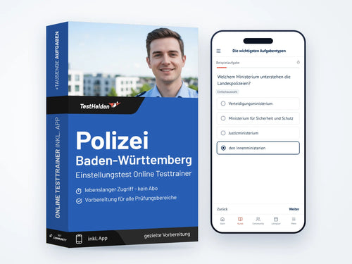 Produktbox Polizei Baden-Württemberg Einstellungstest neben einem Smartphone mit einer Beispielaufgabe aus dem Trainer
