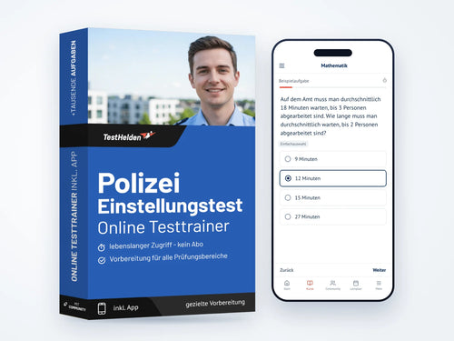 Produktbox Polizei Einstellungstest Online-Testtrainer neben einem Smartphone mit der Kursseite