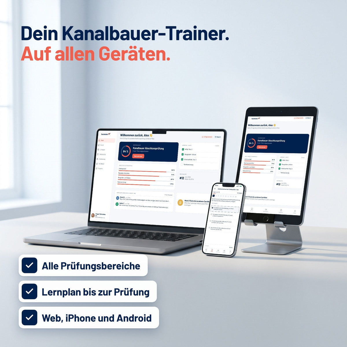 Kanalbauer Abschlussprüfung auf Laptop, Tablet und Smartphone