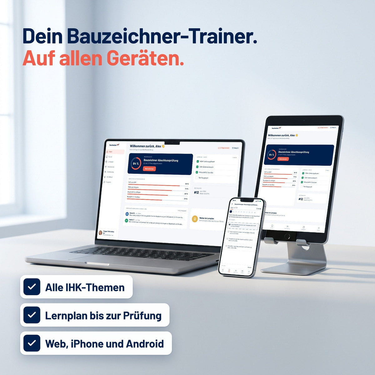 Bauzeichner Abschlussprüfung auf Laptop, Tablet und Smartphone